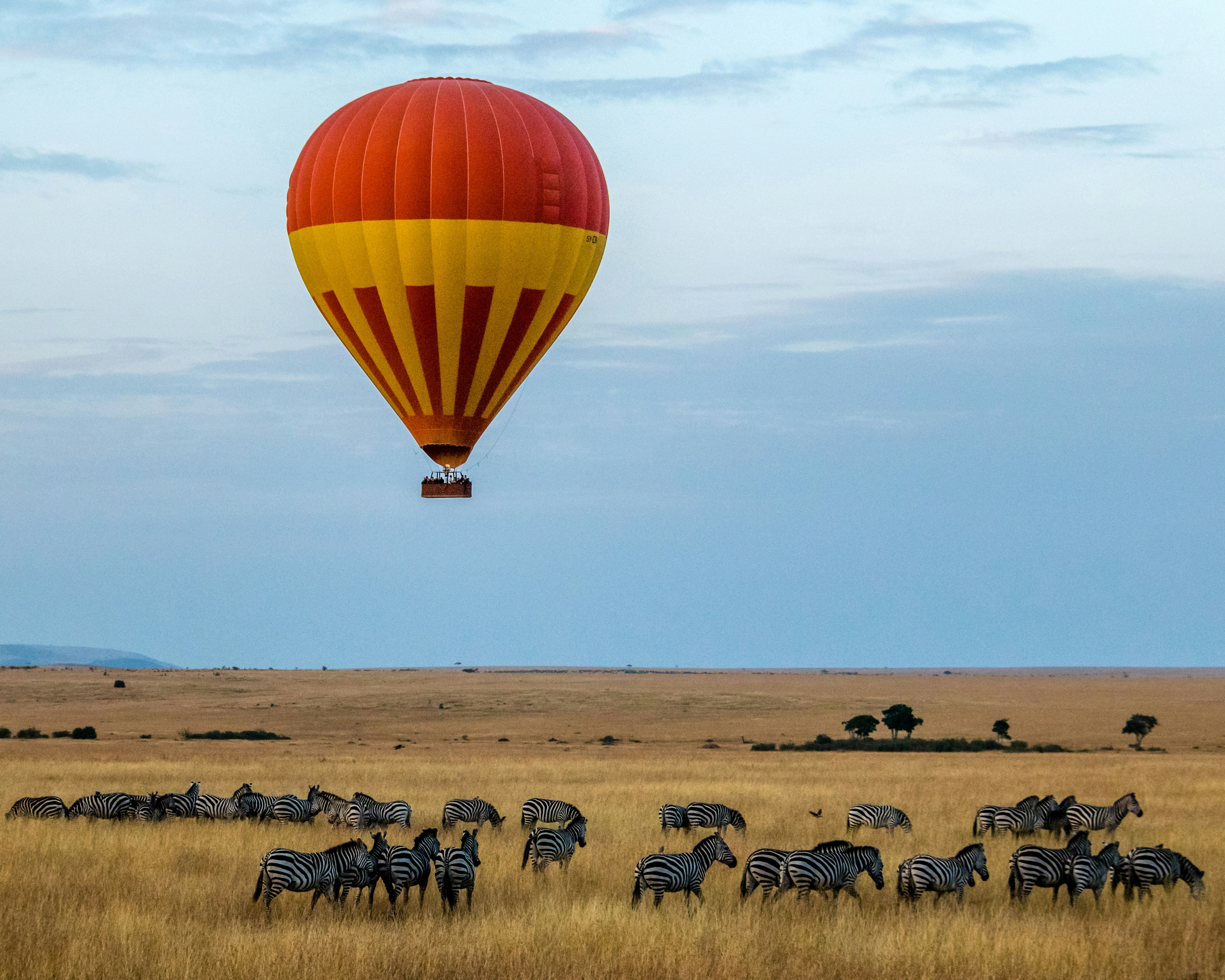 Hot air balloon drifting over the Masai Mara at sunrise